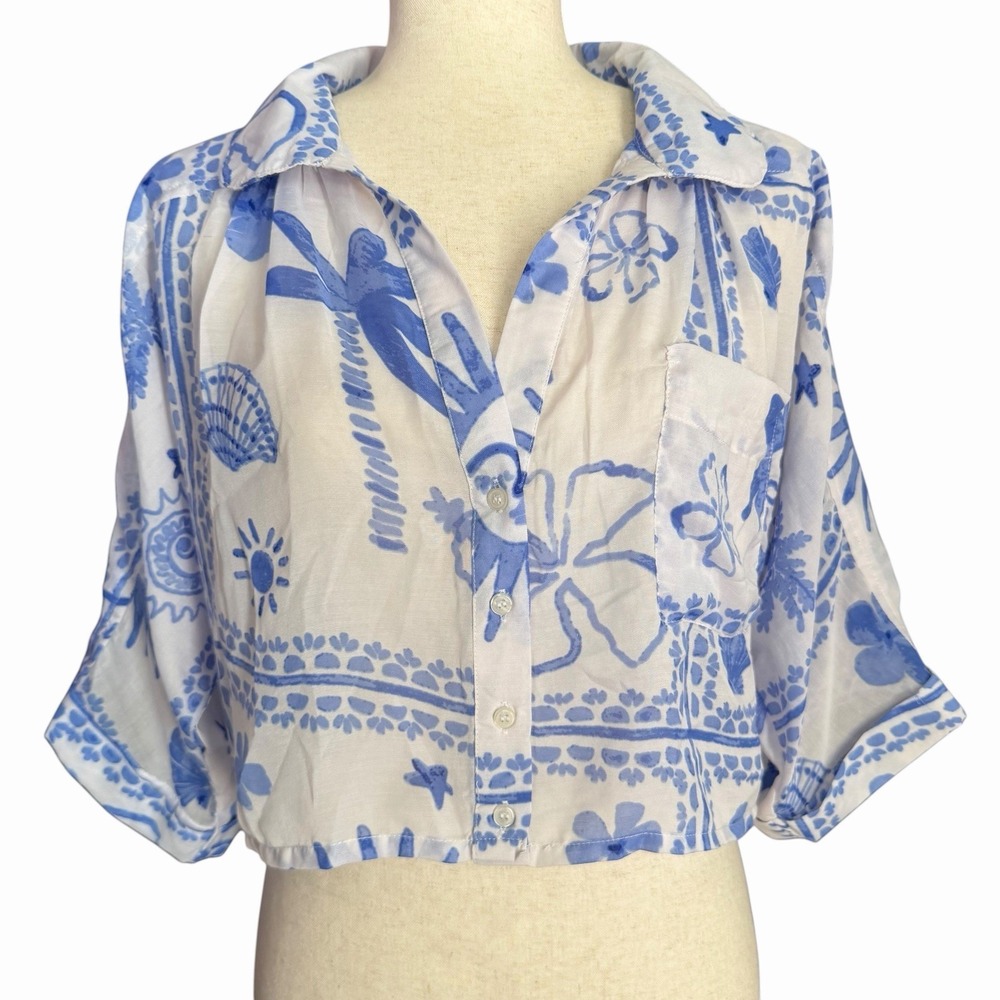 Live 4 Truth Mediterranean Cropped Button-Down Shirt M • Calypso Beachy Coastal